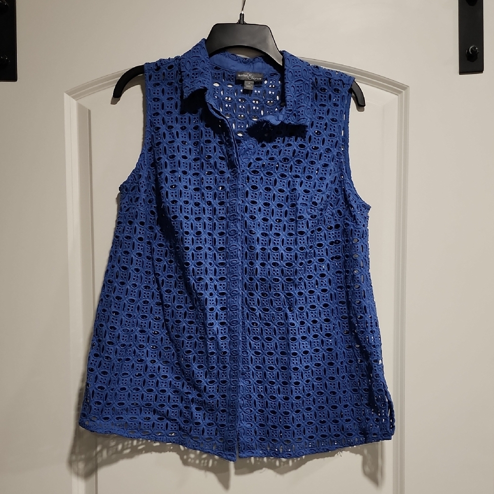 Market & Spruce Blue Sleeveless Button Down Shirt